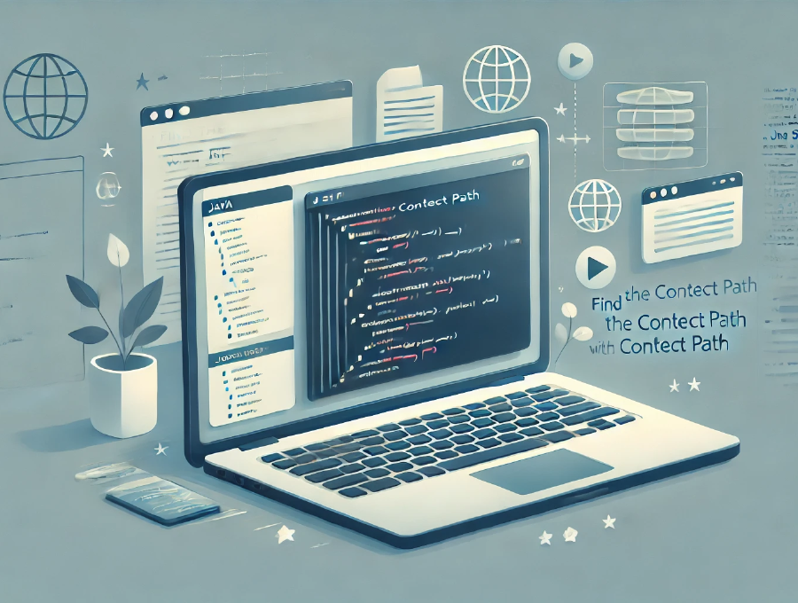 Illustration of a laptop displaying Java code related to finding the context path with JSF, set against a web development-themed background.