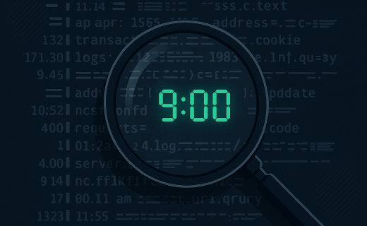 Digital illustration of a magnifying glass highlighting a glowing green “9:00” timestamp in computer logs, representing a detective-style investigation of suspicious traffic.