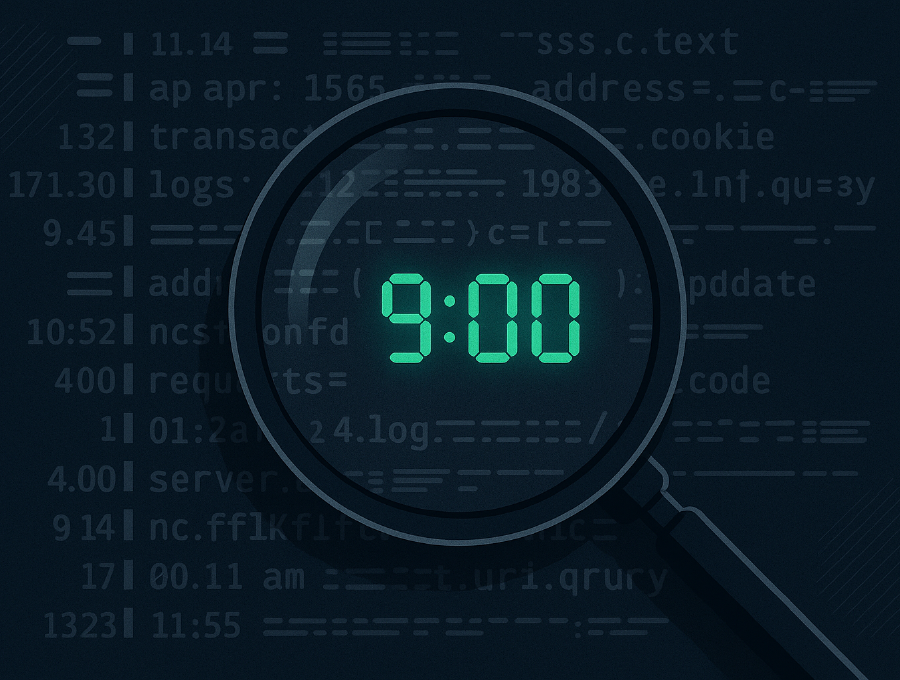 Digital illustration of a magnifying glass highlighting a glowing green “9:00” timestamp in computer logs, representing a detective-style investigation of suspicious traffic.