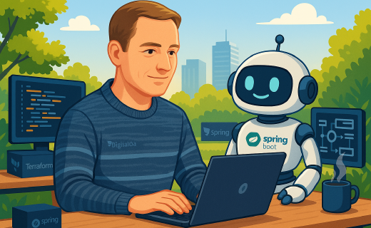 Developer with laptop and friendly robot assistant outdoors, coding with Spring Boot.