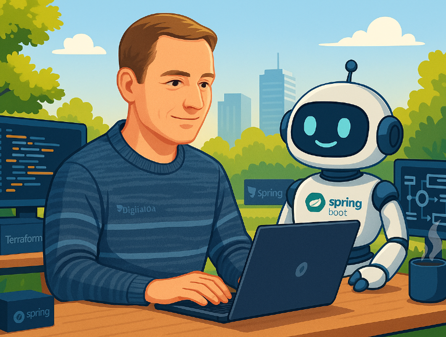 Developer with laptop and friendly robot assistant outdoors, coding with Spring Boot.