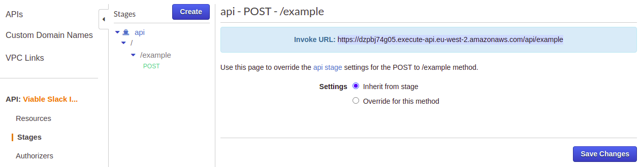 A screen grab of the AWS API Gateway that shows the full invocation URL of the new ’example’ resource. 