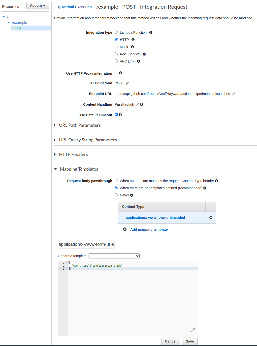 A screen grab of the AWS API Gateway Method’s Mapping Template. 