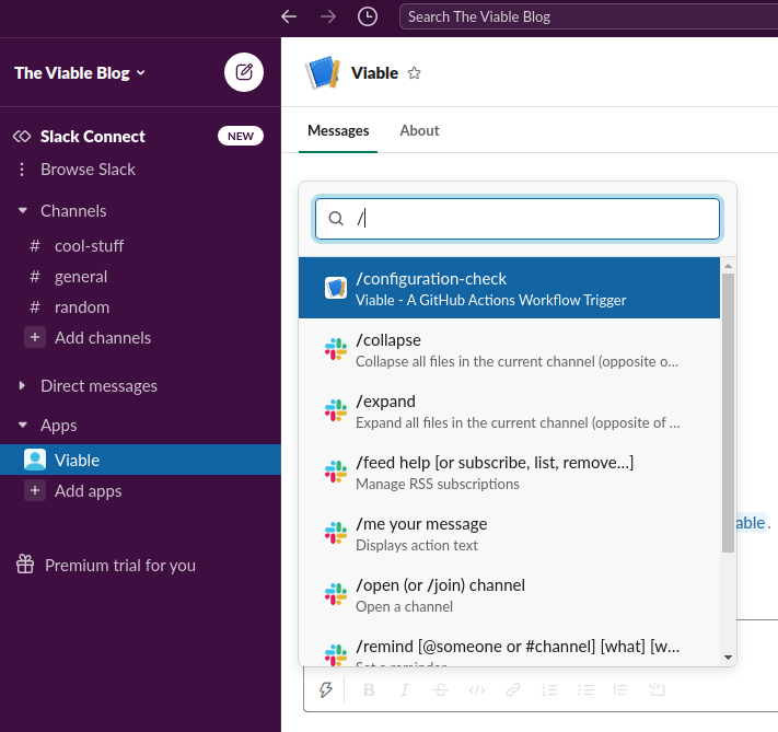 A screen grab of calling the Slack Slash Command from Slack. 