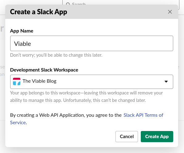 A screen grab of the slack app creation dialogue. 