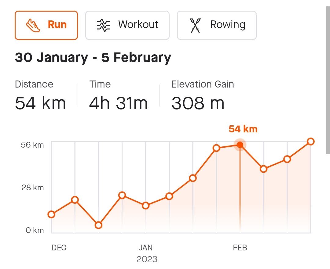 A graph showing week 2 hitting 54 km sharply from the weeks before. 